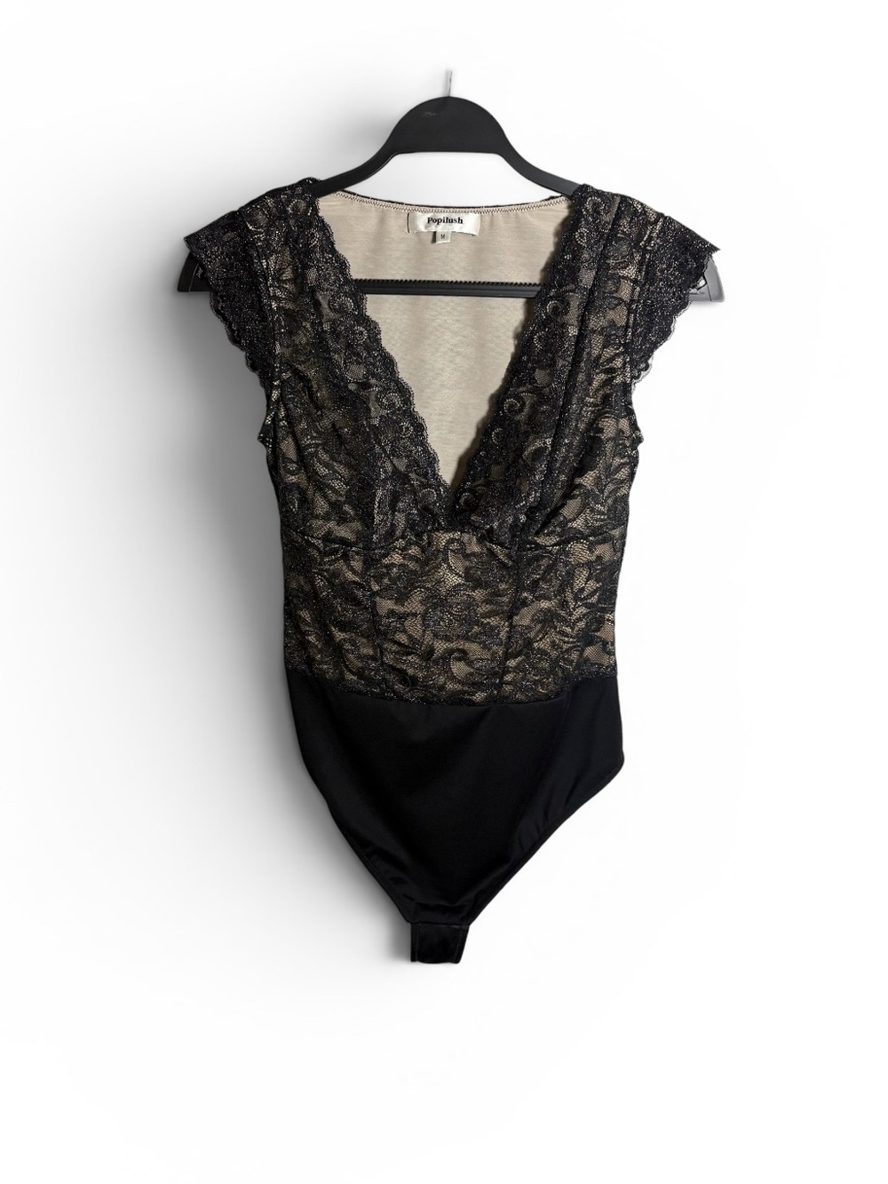 Popilush Women’s Metallic Gold and Black Lace Shapewear Bodysuit Vneck
